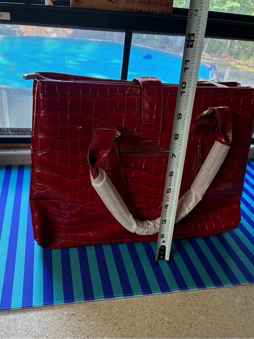 Luxury updated faux leather Croc Embossed Red Satchel Tote in Red and gold
